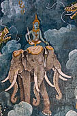 Chiang Mai - Wat Phra That Doi Suthep. mural paintings  of the walls of the gallery, the three-headed elephant Airavata, which is also known as Erawan, with its rider Indra.